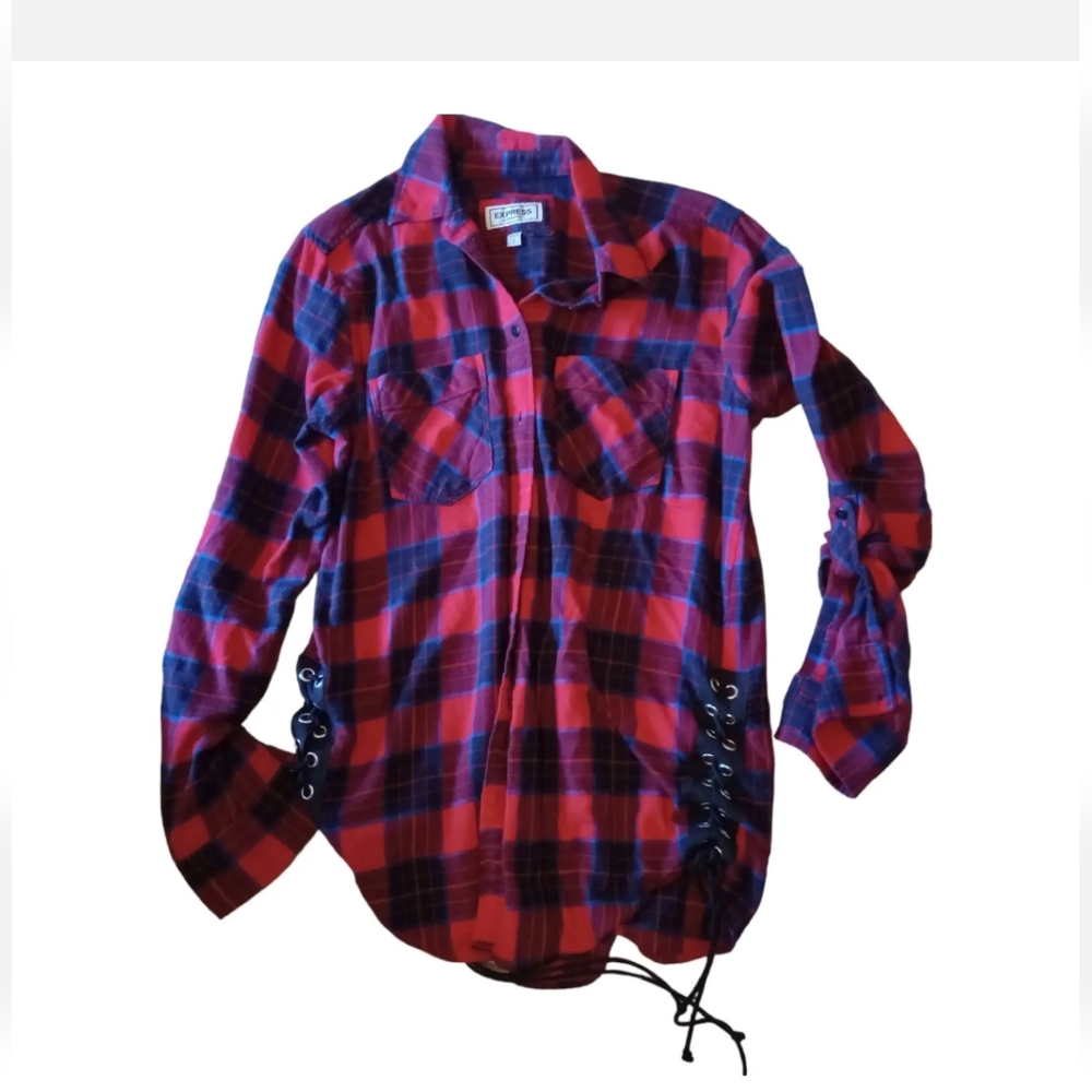 Express Womens Shirt Boyfriend style Small plaid Long sleeve Button up red